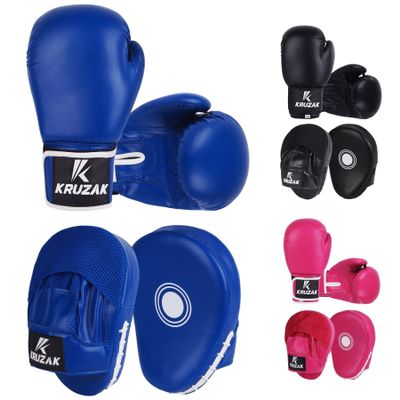 Kruzak Plain Focus Mitts and Boxing Gloves Set for Kickboxing and Muay Thai MMA Training - Fitness Kit with Punching Pads for Martial Arts and Karate - Blue - 16oz
