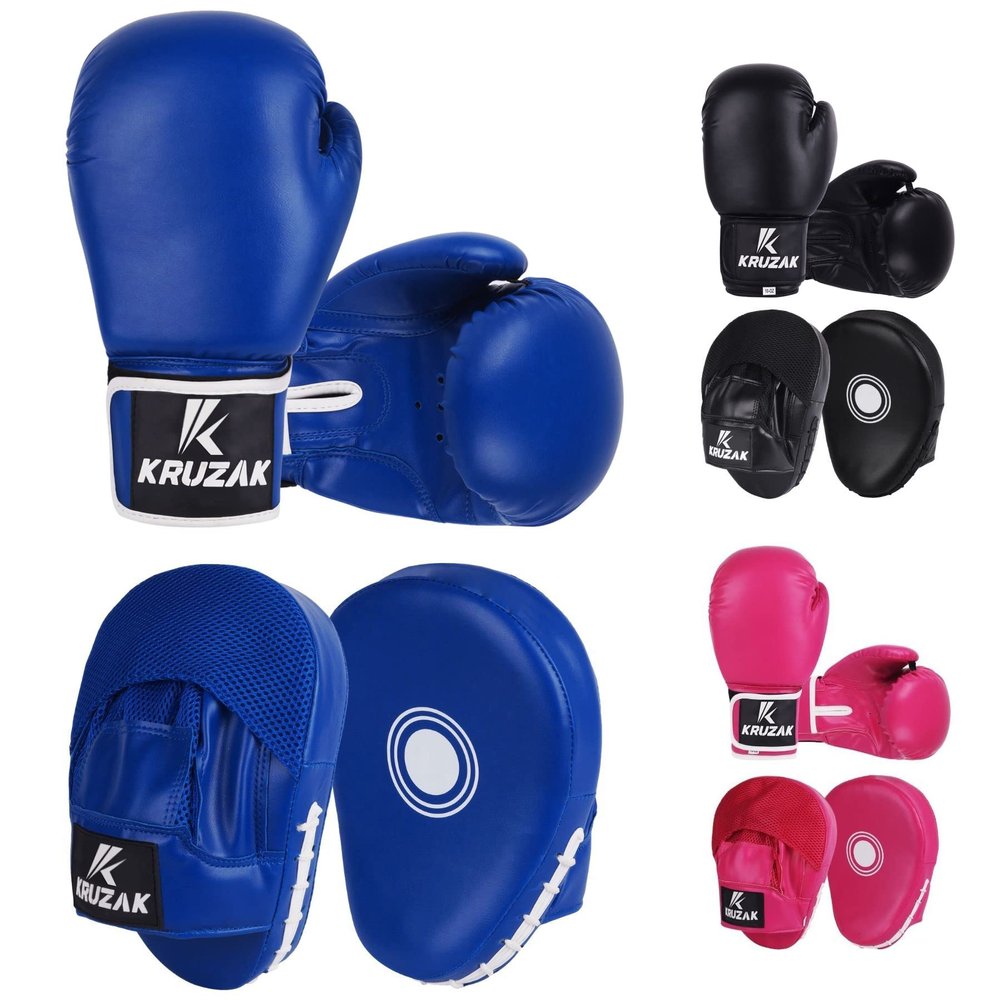 Kruzak Plain Focus Mitts and Boxing Gloves Set for Kickboxing and Muay Thai MMA Training - Fitness Kit with Punching Pads for Martial Arts and Karate - Blue - 14oz