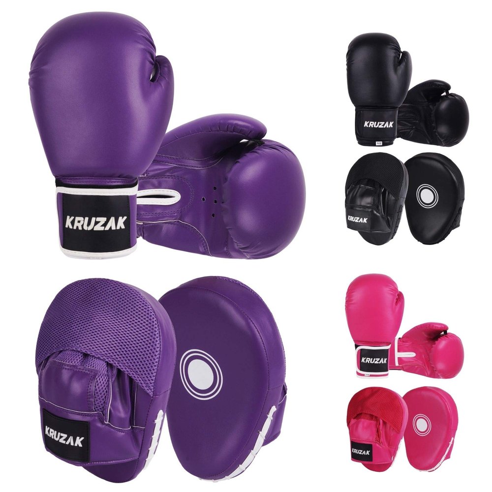 Kruzak Plain Focus Mitts and Boxing Gloves Set for Kickboxing and Muay Thai MMA Training - Fitness Kit with Punching Pads for Martial Arts and Karate - Purple - 16oz