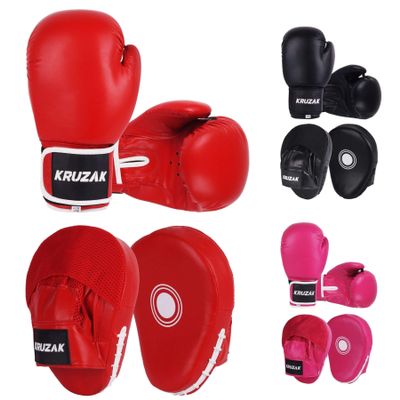 Kruzak Plain Focus Mitts and Boxing Gloves Set for Kickboxing and Muay Thai MMA Training - Fitness Kit with Punching Pads for Martial Arts and Karate - Red - 12oz