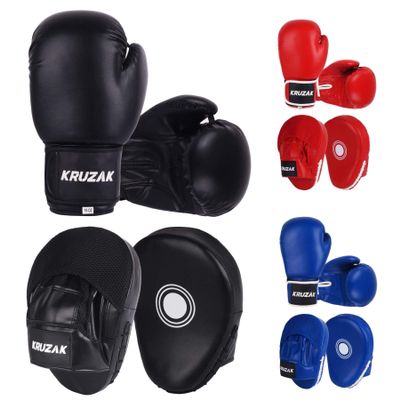 Kruzak Plain Focus Mitts and Boxing Gloves Set for Kickboxing and Muay Thai MMA Training - Fitness Kit with Punching Pads for Martial Arts and Karate - Black - 14oz