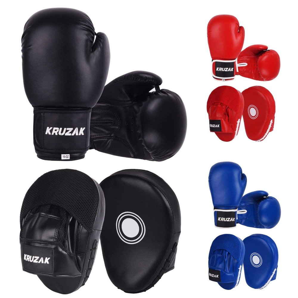 Kruzak Plain Focus Mitts and Boxing Gloves Set for Kickboxing and Muay Thai MMA Training - Fitness Kit with Punching Pads for Martial Arts and Karate - Black - 14oz