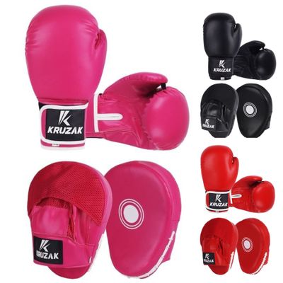 Kruzak Plain Focus Mitts and Boxing Gloves Set for Kickboxing and Muay Thai MMA Training - Fitness Kit with Punching Pads for Martial Arts and Karate - Pink - 14oz