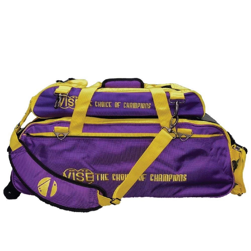 Vise Three Ball Tote Roller Bowling Bag with Shoe Pouch Purple Yellow
