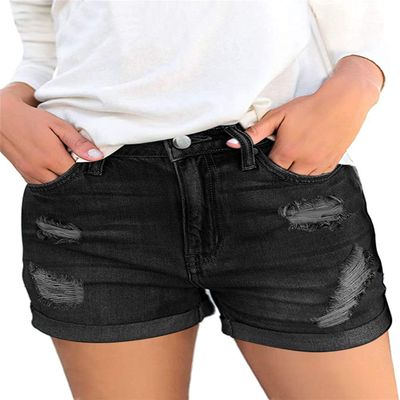 Angerella Women's Ripped Button Fly Denim Shorts High Waisted Folded Hem Short Denim Jeans, Black 105 Size Small