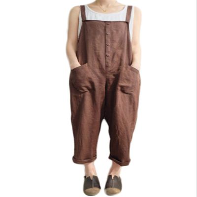 Andongnywell Women's Fashion Casual Slim Fit Baggy Suspenders Cotton Linen Overalls Jumpsuit with Pockets Trousers (Brown,Large)