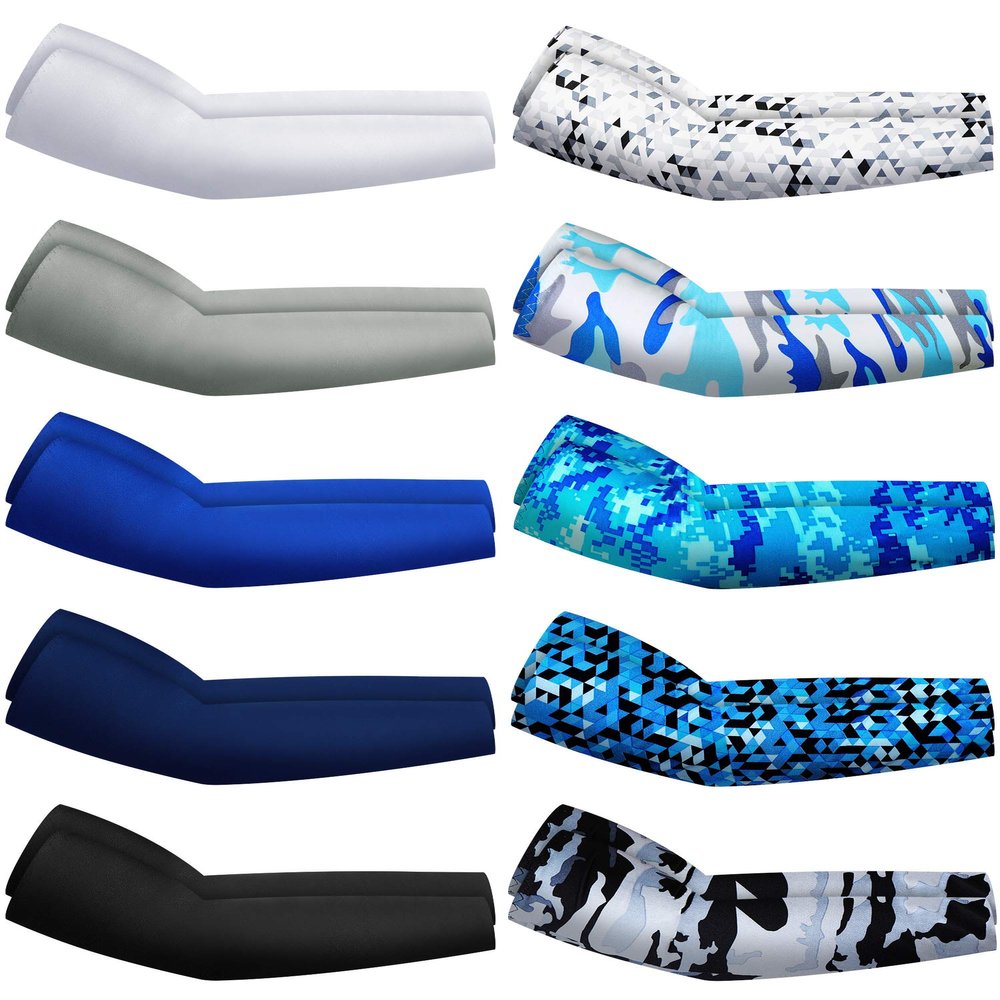 Hicarer 10 Pair UV Sun Protection Arm Sleeves Compression Sports Cooling Sleeves for Men Women Teenager Youth Golf Baseball Basketball Running Outdoor (Blue Series, Novel Camo)