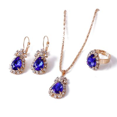 Caiyao Teardrop Crystal Jewelry Set Plated 14K Gold Statement Waterdrop Dangle Tear Pendant Necklaces Adjustable Shine Rhinestone Drip Charm Ring for Women Wedding Party Accessories-F deep blue