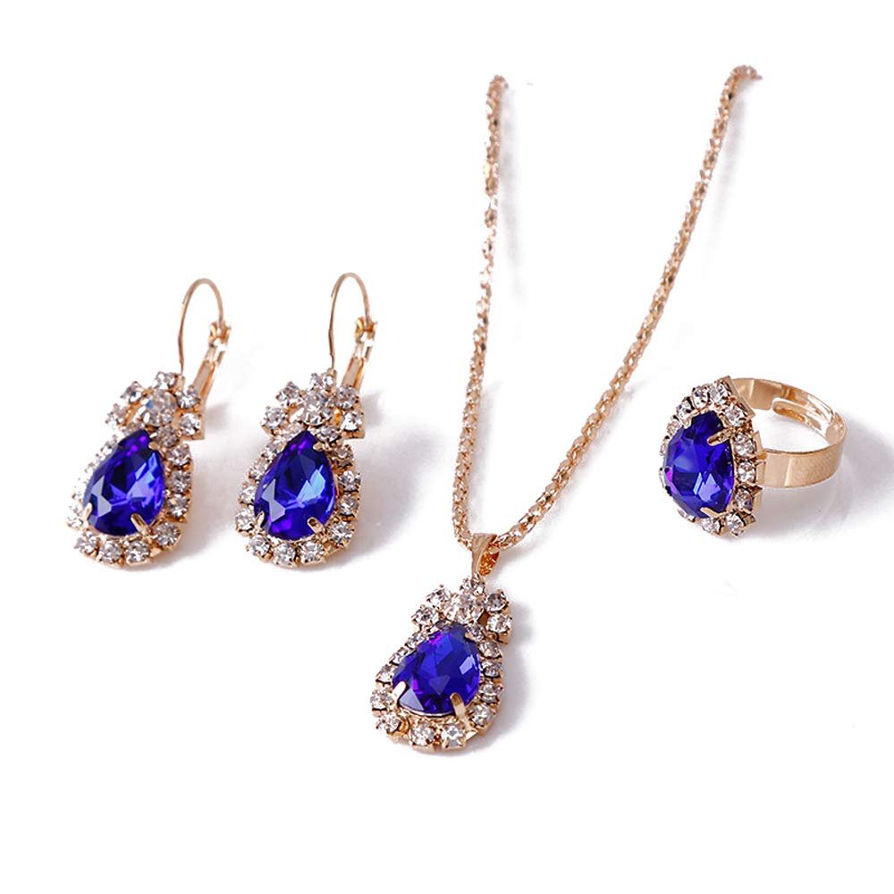 Caiyao Teardrop Crystal Jewelry Set Plated 14K Gold Statement Waterdrop Dangle Tear Pendant Necklaces Adjustable Shine Rhinestone Drip Charm Ring for Women Wedding Party Accessories-F deep blue