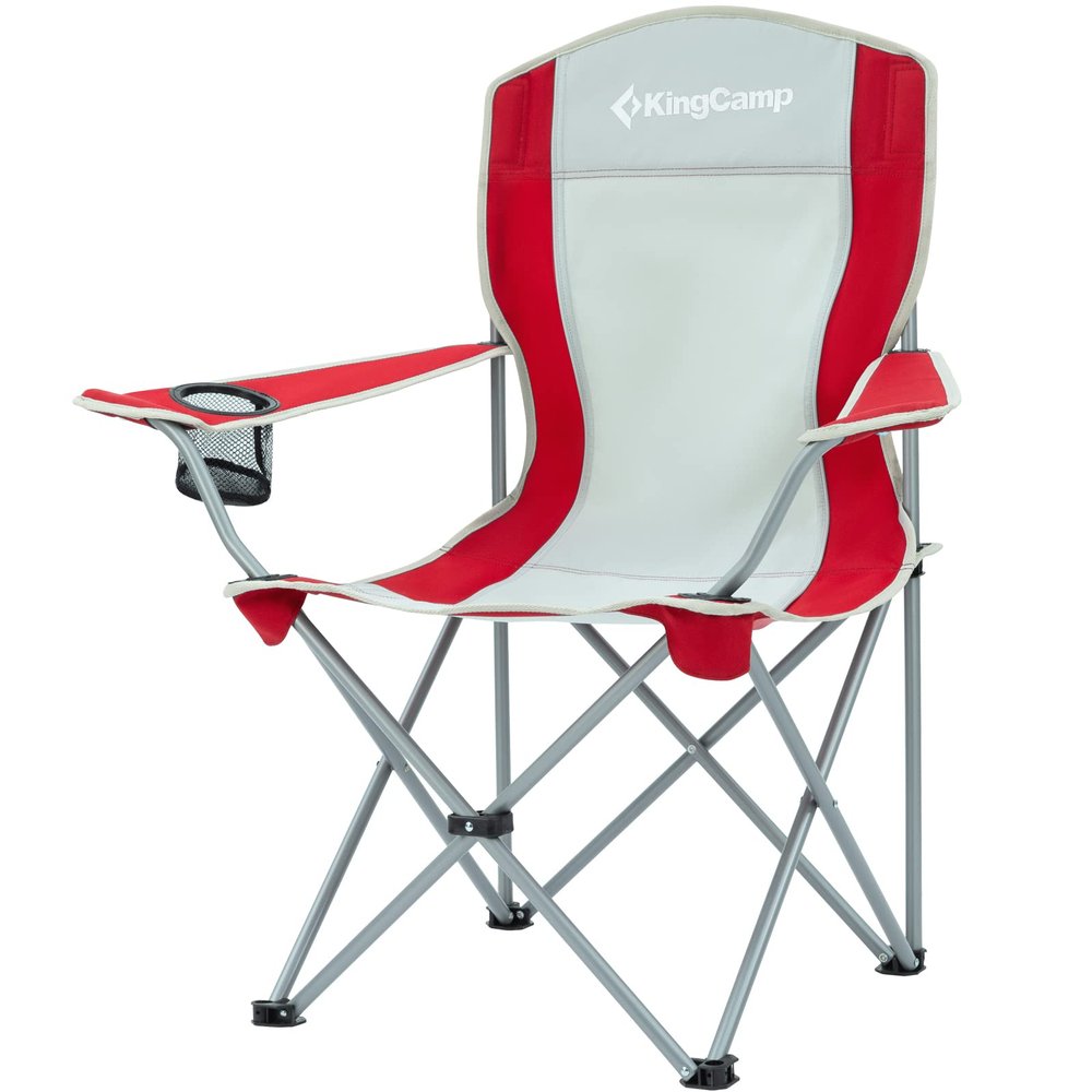KingCamp Lightweight Folding Outdoor Lounge Chair with Cupholder and Adjustable Armrests for Camping, Sporting Events, or Tailgating, Red/Gray