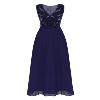 YiZYiF Women Sleeveless Chiffon Dress V Neck Evening Cocktail Party Maxi Gown 01 Navy Blue 8