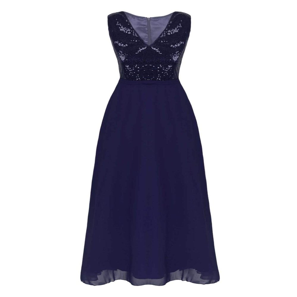 YiZYiF Women Sleeveless Chiffon Dress V Neck Evening Cocktail Party Maxi Gown 01 Navy Blue 8