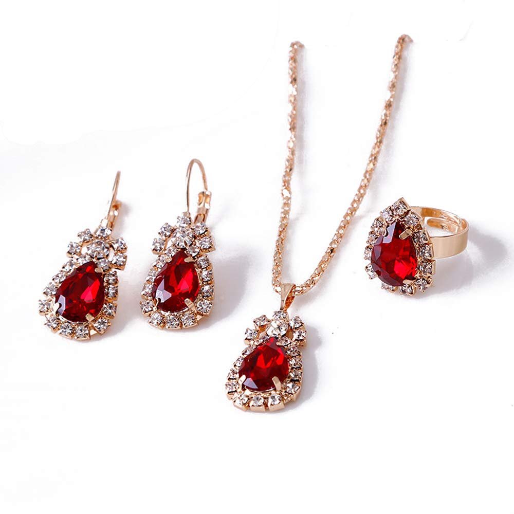 Caiyao Teardrop Crystal Jewelry Set Plated 14K Gold Statement Waterdrop Dangle Tear Pendant Necklaces Adjustable Shine Rhinestone Drip Charm Ring for Women Wedding Party Accessories-A red