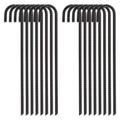FEED GARDEN 16 Inch 16 Pack Rebar Stakes Heavy Duty J Hook, Galvanized Steel Ground Stakes Tent Stakes Ground Anchors, Chain Link Fence Stakes, Trampoline Stakes, Black