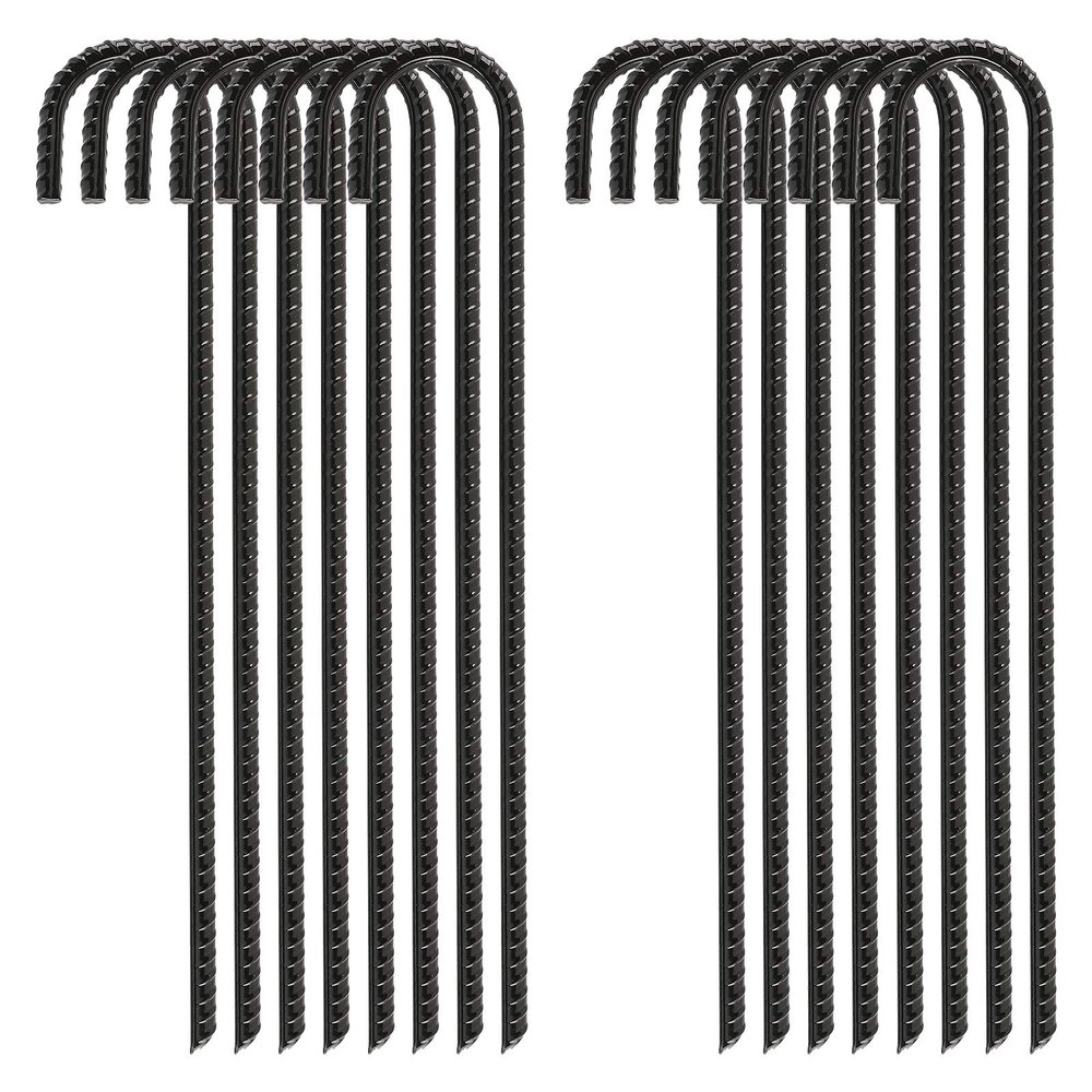 FEED GARDEN 16 Inch 16 Pack Rebar Stakes Heavy Duty J Hook, Galvanized Steel Ground Stakes Tent Stakes Ground Anchors, Chain Link Fence Stakes, Trampoline Stakes, Black