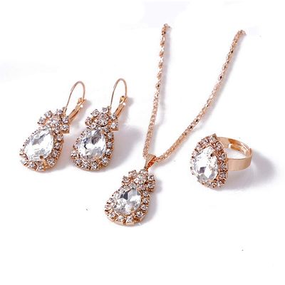 Caiyao Teardrop Crystal Jewelry Set Plated 14K Gold Statement Waterdrop Dangle Tear Pendant Necklaces Adjustable Shine Rhinestone Drip Charm Ring for Women Wedding Party Accessories-D white