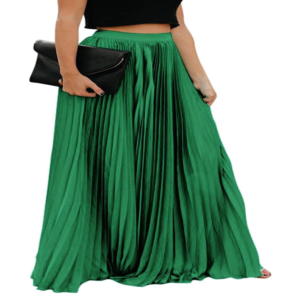 ebossy Women's High Waist Flowy Pleated Chiffon Maxi Skirt (X-Large, Green)