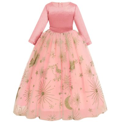 Flower Girls Long 3/4 Sleeve Velvet Dress Wedding Bridesmaid Party Pageant Tulle Princess Formal Prom Ball Gown Floor Length First Communion Birthday Dance Evening Dress Gold Stars Pink 13-14 Years