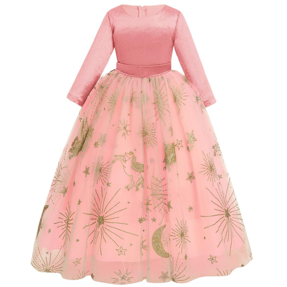 Flower Girls Long 3/4 Sleeve Velvet Dress Wedding Bridesmaid Party Pageant Tulle Princess Formal Prom Ball Gown Floor Length First Communion Birthday Dance Evening Dress Gold Stars Pink 13-14 Years