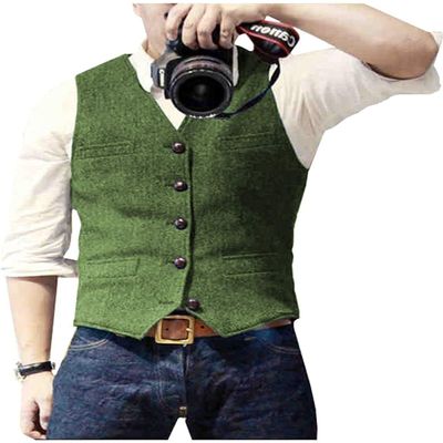 Mens Suit Vest Waistcoat Tweed Retro V Neck Wool Herringbone for Prom
