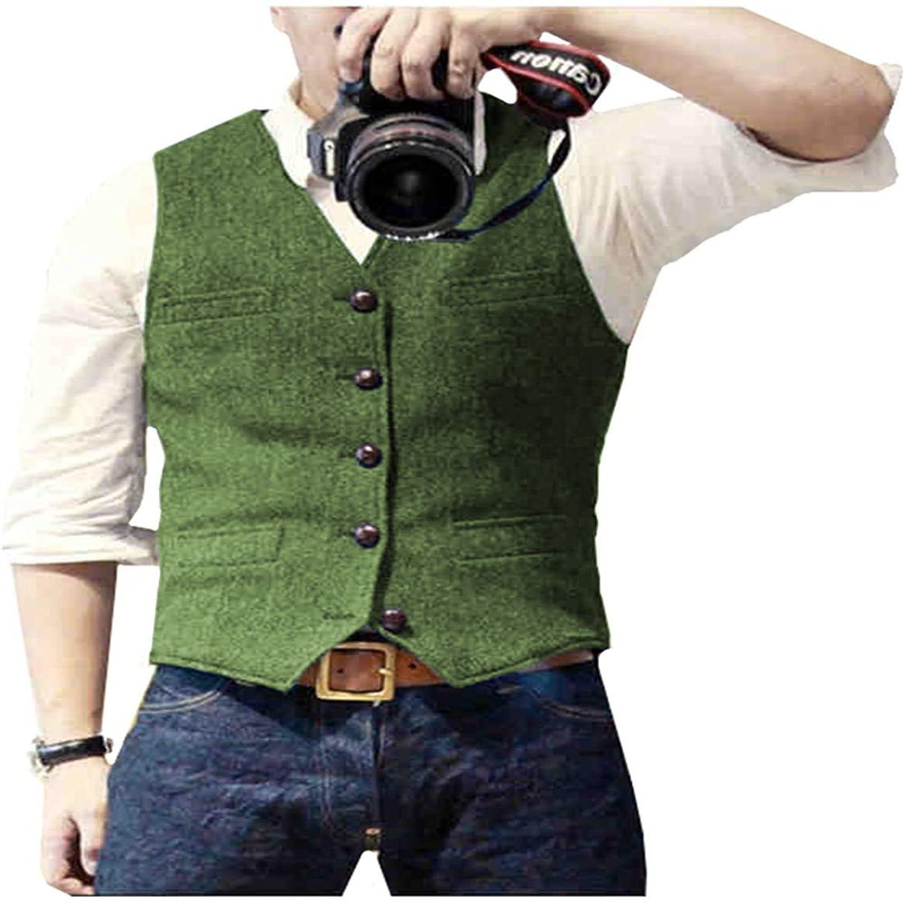 Mens Suit Vest Waistcoat Tweed Retro V Neck Wool Herringbone for Prom