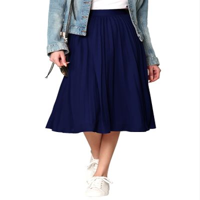 Made By Johnny WB2371 Women's High Elastic Waist Pleated Mid A-Line Swing Skirt XL Navy