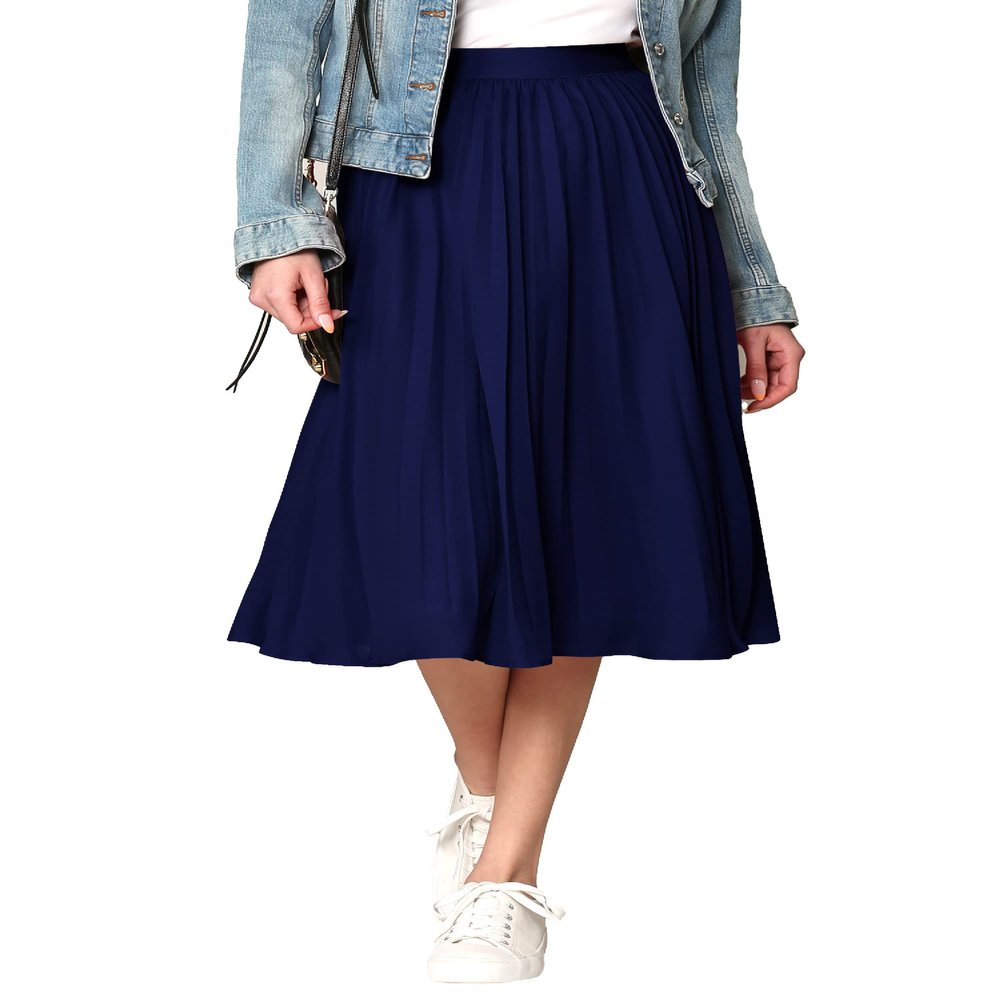 Made By Johnny WB2371 Women's High Elastic Waist Pleated Mid A-Line Swing Skirt XL Navy