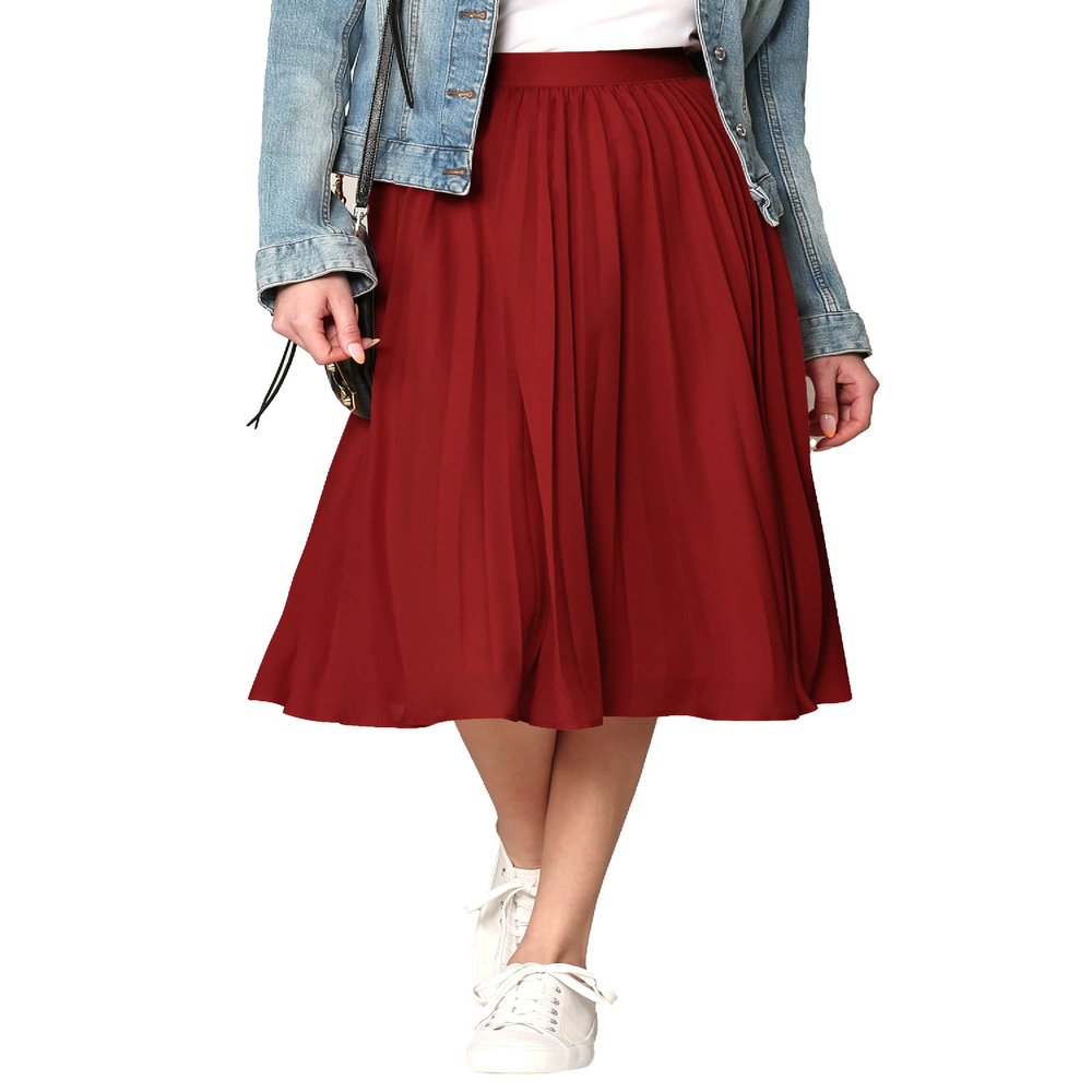 Made By Johnny WB2371 Women's High Elastic Waist Pleated Mid A-Line Swing Skirt L Rust