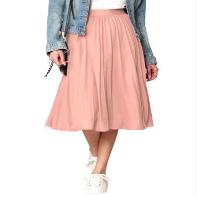 Made By Johnny WB2371 Women's High Elastic Waist Pleated Mid A-Line Swing Skirt XXL Pink