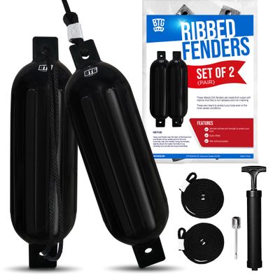 BTG Gear Set of 2 Pack 6.5" Inflatable Large Boat Fenders Bumpers for Docking w/Free 6 ft Fender Lines & Pump (Black)