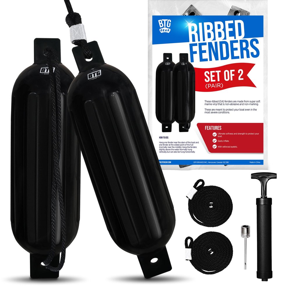 BTG Gear Set of 2 Pack 6.5" Inflatable Large Boat Fenders Bumpers for Docking w/Free 6 ft Fender Lines & Pump (Black)