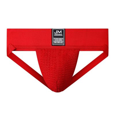 JOCKMAIL Athletic Supporter Underwear with 3" Waistband Gym Workout Strap Brief Men Thong (M, Red)