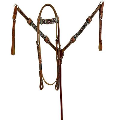 Showman Leather Browband Headstall & Breast Collar Set wBeaded Southwest Design ,Average Full Size Horse