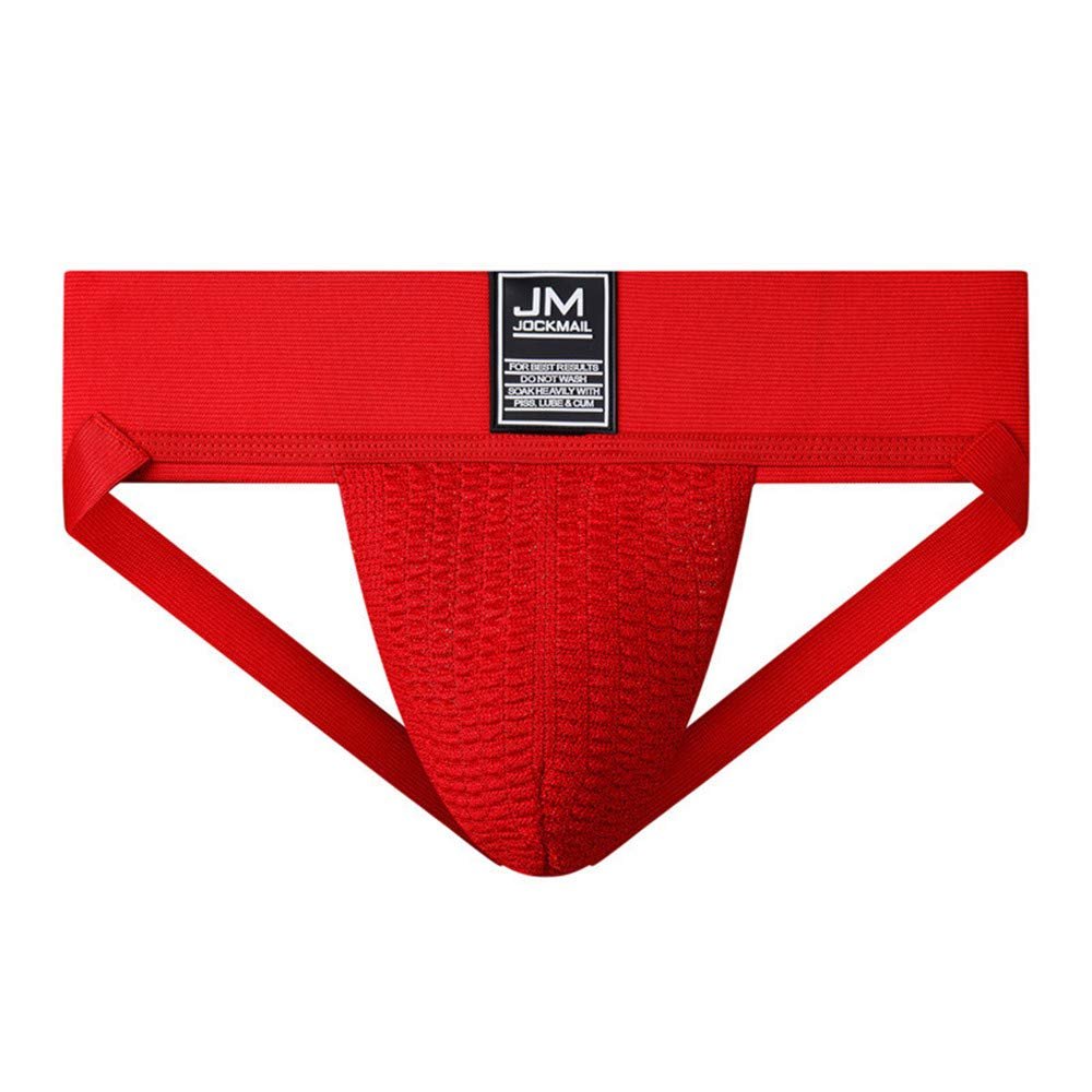 JOCKMAIL Athletic Supporter Underwear with 3" Waistband Gym Workout Strap Brief Men Thong (L, Red)