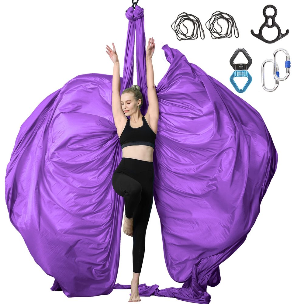 SKYPHAROS 11 Yards Aerial Silks Yoga Swing Set - Aerial Yoga Hammock Kit Anti-Gravity Flying for Fitness, Low/Non Stretch Nylon Tricot Fabric Hardware Included for Dance