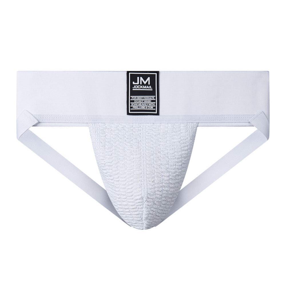 JOCKMAIL Athletic Supporter Underwear with 3" Waistband Gym Workout Strap Brief Men Thong (L, White)