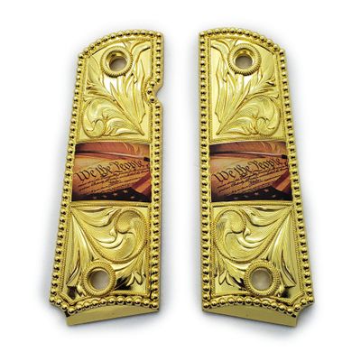 Custom 1911 Metal Grips, Gun Grips Screws Included, Full Size (Government/Commander), Scroll with Cut, Ambi Safety Cut Gold Plated