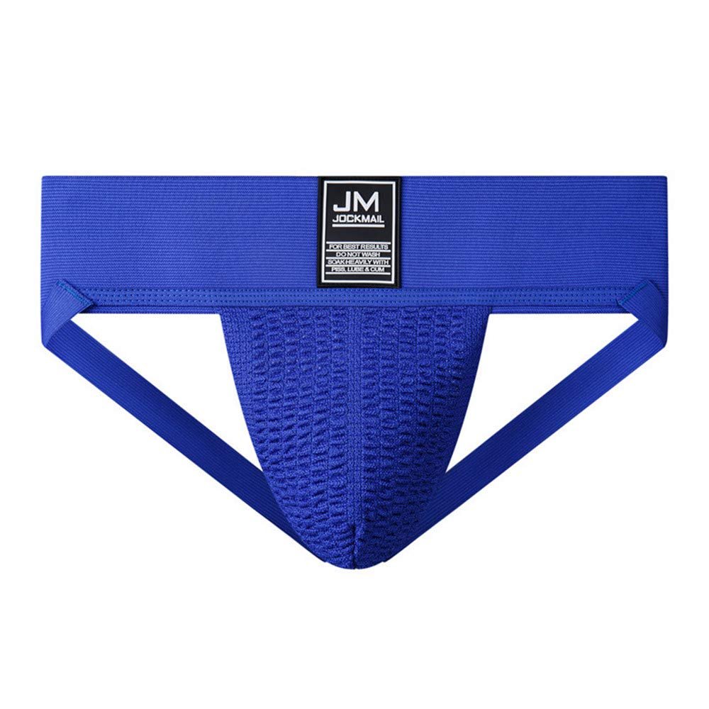 JOCKMAIL Athletic Supporter Underwear with 3" Waistband Gym Workout Strap Brief Men Thong (XL, Blue)