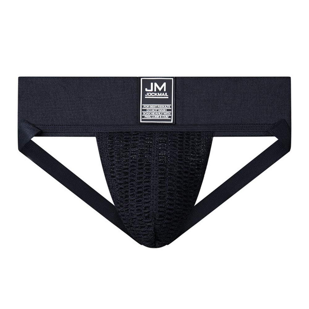 JOCKMAIL Athletic Supporter Underwear with 3" Waistband Gym Workout Strap Brief Men Thong (M, Black)