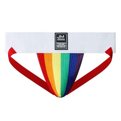 JOCKMAIL Athletic Supporter Underwear with 3" Waistband Gym Workout Strap Brief Men Thong (L, Rainbow)