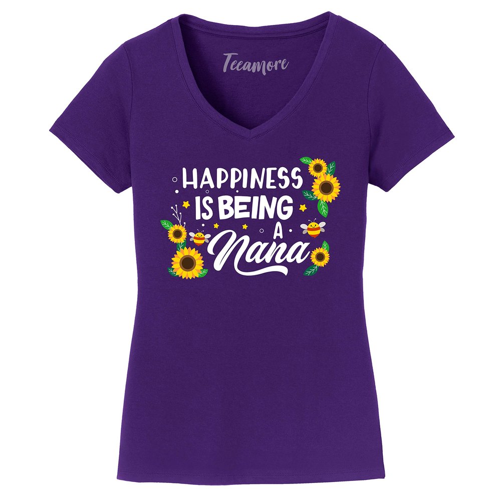 Happiness is Being A Nana Shirt Cute Floral Women V Neck T-Shirt