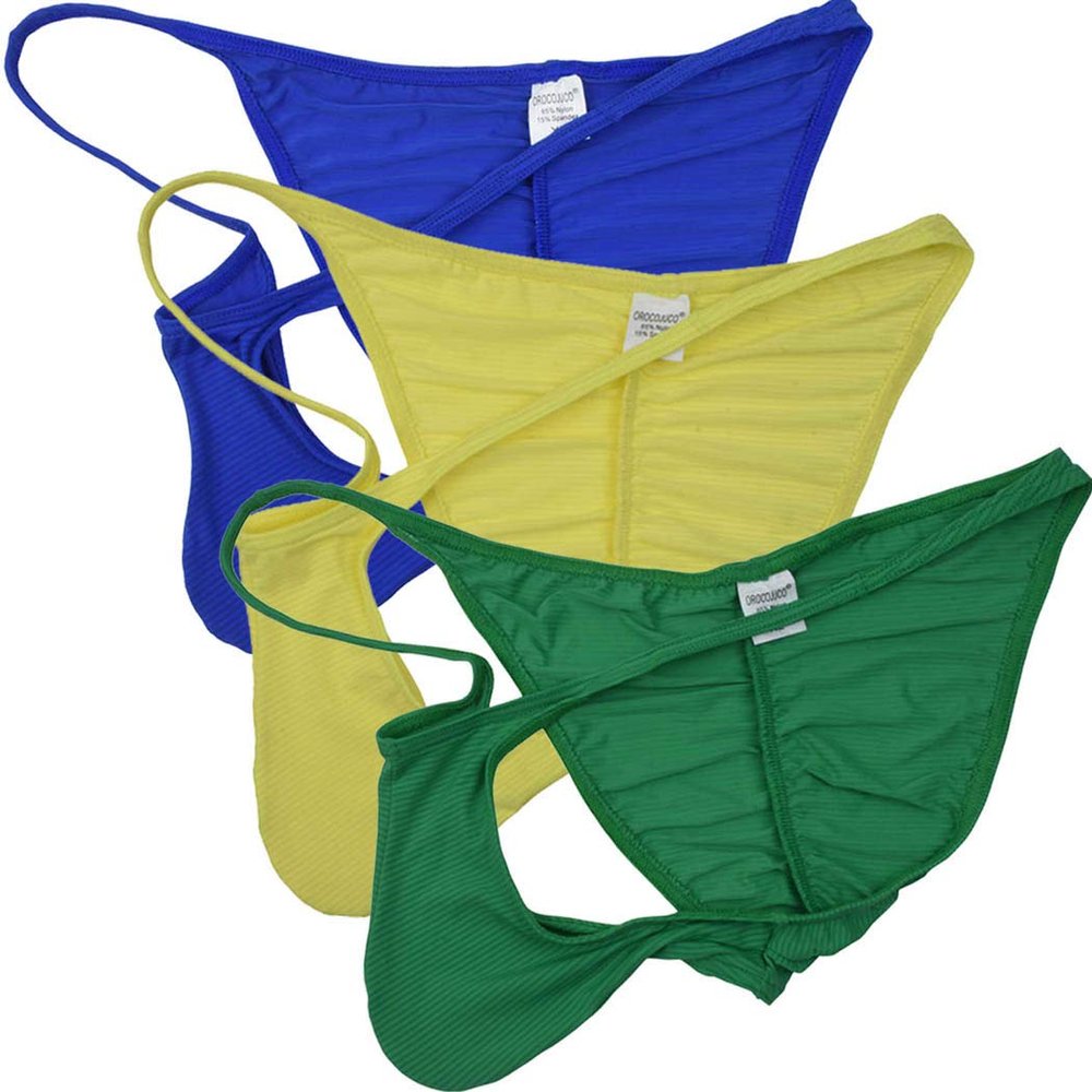 OROCOJUCO Men Pouch Thong String T-back Spandex Underwear Mini Bikini Jockstrap Tanga Pucker Bikini Briefs Pink 3-Pack, OR2104, Blue,Light Yellow,Green, L