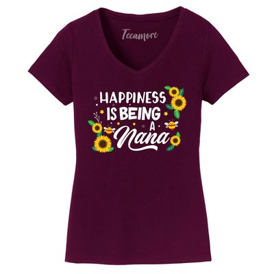 Happiness is Being A Nana Shirt Cute Floral Women V Neck T-Shirt