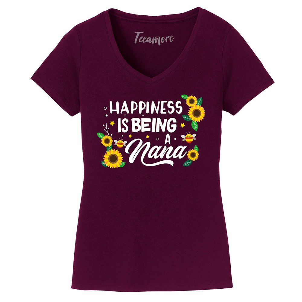 Happiness is Being A Nana Shirt Cute Floral Women V Neck T-Shirt