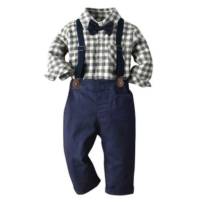 Baby Boys Gentleman Suit Long Sleeve Plaid Button Down Shirt Tuxedo Bow Tie Overalls Y back Suspender Long Pants Birthday Cake Wedding Party Formal Suit Ring Bearer Clothes Set Gray Plaid 18-24 Months