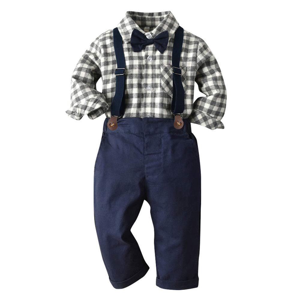 Baby Boys Gentleman Suit Long Sleeve Plaid Button Down Shirt Tuxedo Bow Tie Overalls Y back Suspender Long Pants Birthday Cake Wedding Party Formal Suit Ring Bearer Clothes Set Gray Plaid 18-24 Months