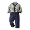 Baby Boys Gentleman Suit Long Sleeve Plaid Button Down Shirt Tuxedo Bow Tie Overalls Y back Suspender Long Pants Birthday Cake Wedding Party Formal Suit Ring Bearer Clothes Set Gray Plaid 18-24 Months view 2