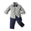 Baby Boys Gentleman Suit Long Sleeve Plaid Button Down Shirt Tuxedo Bow Tie Overalls Y back Suspender Long Pants Birthday Cake Wedding Party Formal Suit Ring Bearer Clothes Set Gray Plaid 12-18 Months view 3