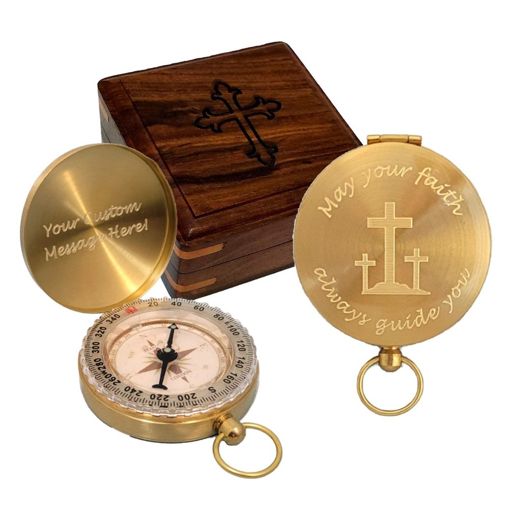 Engraved Brass Compass Personalized Christian Gift for Baptism, Confirmation, Pastor Appreciation Religious Faith Keepsake for Son from Mom and Dad or Grandson from Grandparents (Design My Own)