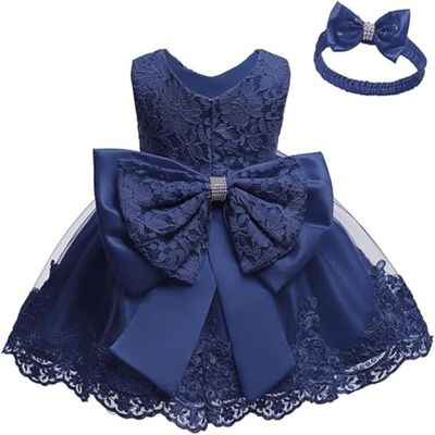 Bowknot Baby Girl Baptism Christening Ball Gown Dresses Toddler Wedding Bridesmaid Family Photos Shoot Lace Tutu Dress 12M Navy Blue